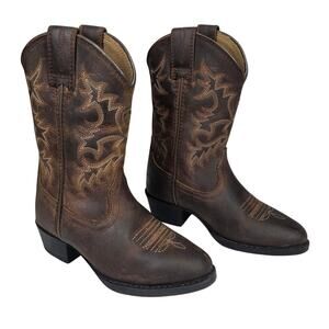 ARIAT HERITAGE WESTERN COWBOY DISTRESSED DARK BROWN LEATHER BOOTS – YOUTH SIZE 8